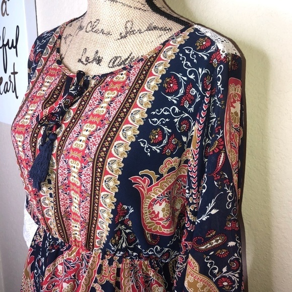 Flying Tomato Red & Blue Paisley Bell Sleeves Crochet Boho Dress Size Large - Picture 5 of 8